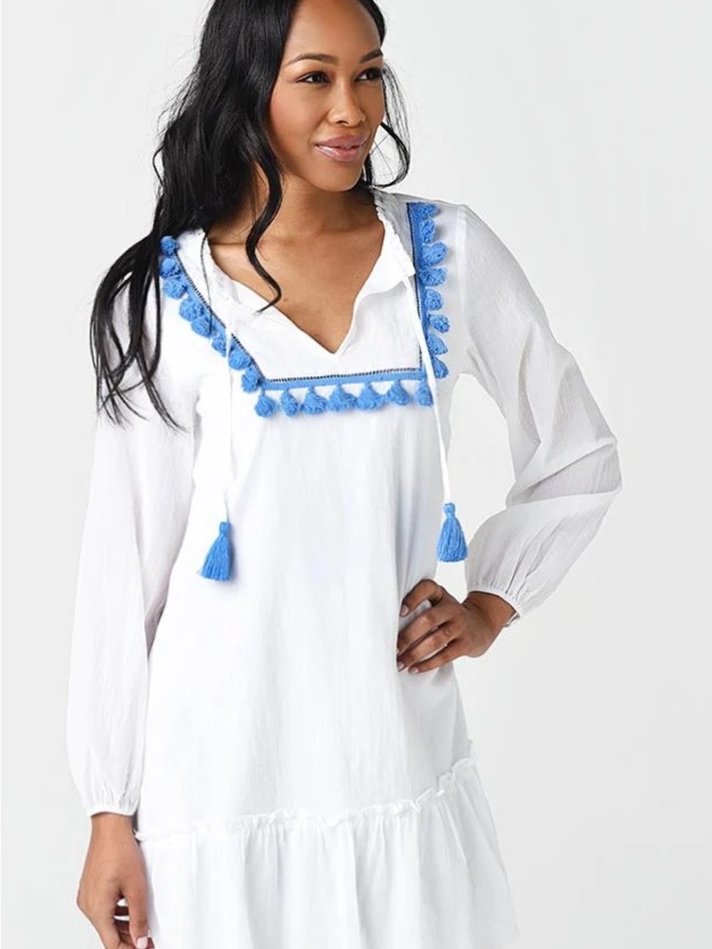 Sail to Sable White Swim Coverup with Blue Tassel Trim